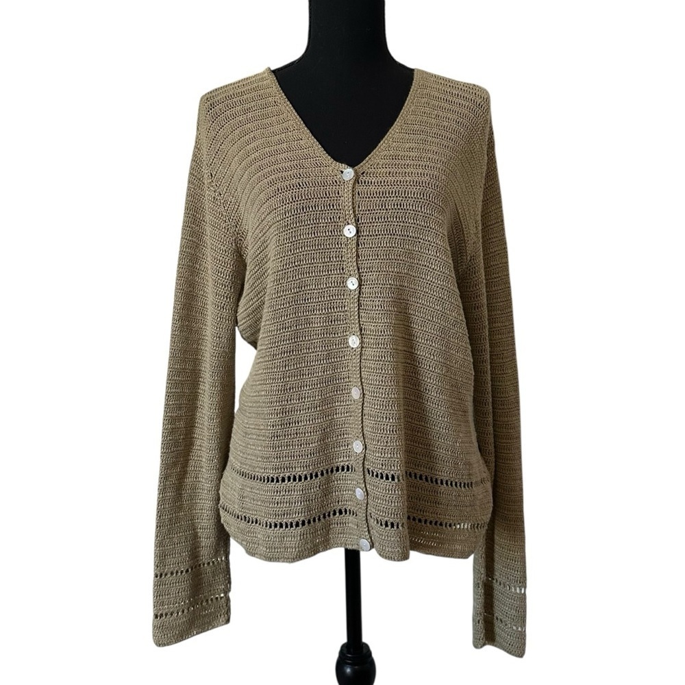 Vintage Cardigan Sweater Tan Green Linen Natural Fibers Boho Knit Size Medium